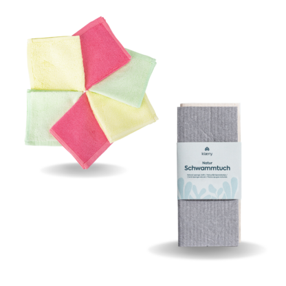 Ko&Pro 100% Bambus Tücher 6er Set 25x25 cm + 2x Klaeny Naturschwammtücher | Perfekt für Küche, Bad, Haushalt & Streifenfreie Fenster | Inkl. DIY-Rezeptesammlung